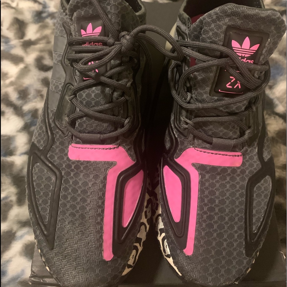 Grey, pink, & silver leopard Adidas ZX 2k Boost.